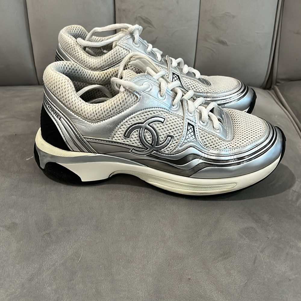 Chanel Silver and White Sneakers